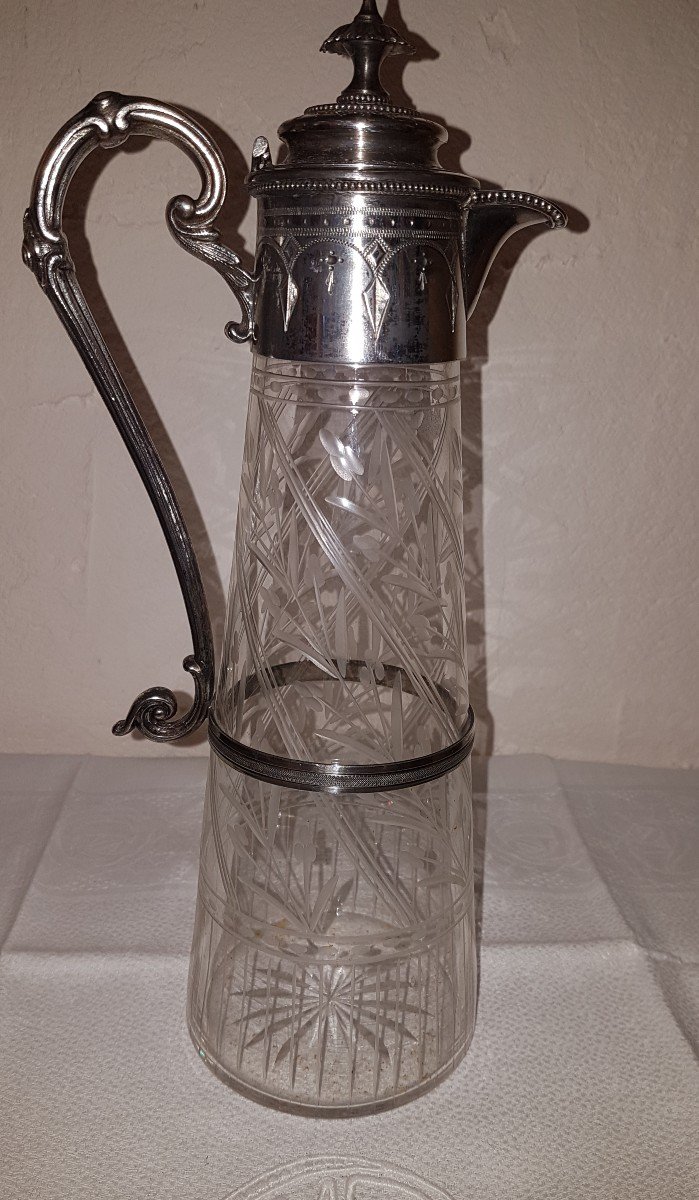 Ewer In Engraved Crystal And Silver Mount Nineteenth