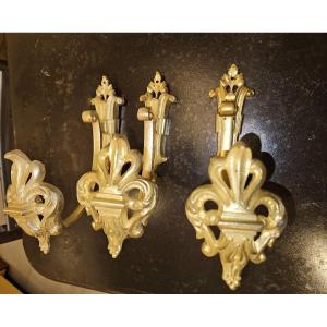 Set Of 3 Curtain Tiebacks In Gilt Bronze - Fleur De Lys - Early 20th