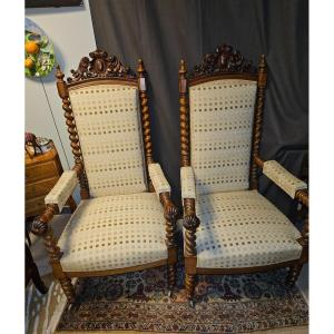 Pair Of Louis XIII Armchairs - 19th Century - Solid Walnut -