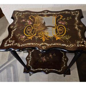 Small Gueridon Table With Two Burgaute Trays - With Romantic Decor - Napoleon III Period. 