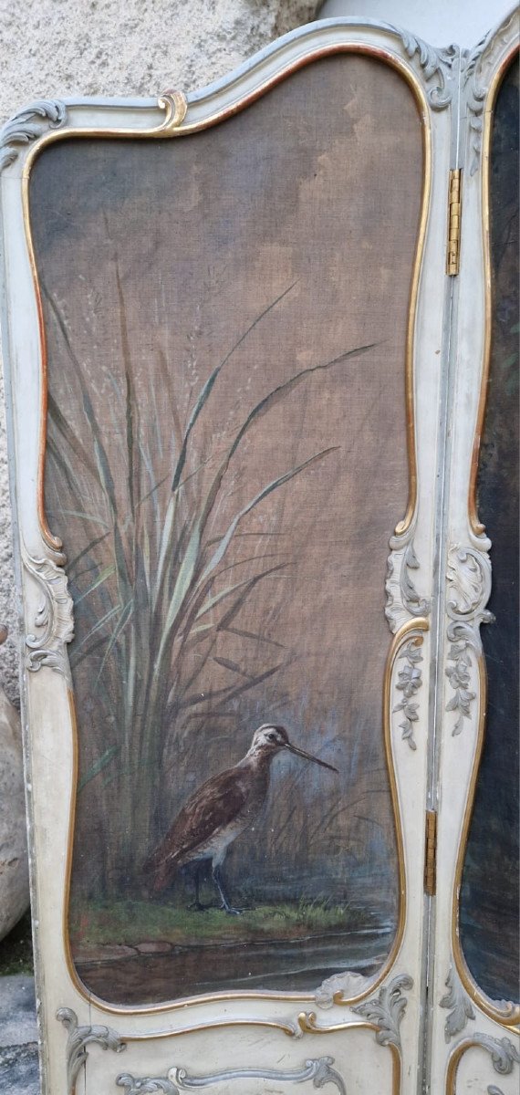 Painted Wood Screen - 3 Panels Dated 1876 - Signed-decor Painting On Canvas - Birds -flowers-photo-3