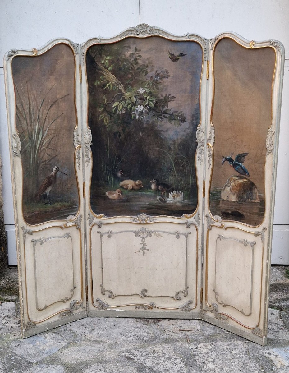 Painted Wood Screen - 3 Panels Dated 1876 - Signed-decor Painting On Canvas - Birds -flowers