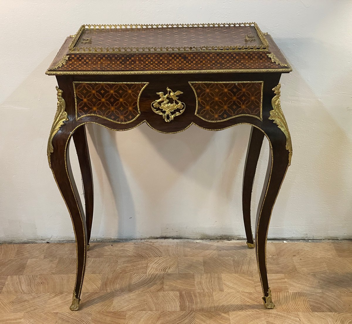 19th Century Living Room Planter In Cube Marquetry Decorated With Original Gilt Bronze - Complete-photo-2