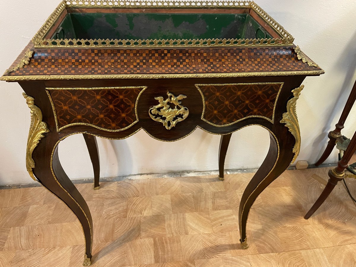 19th Century Living Room Planter In Cube Marquetry Decorated With Original Gilt Bronze - Complete-photo-4