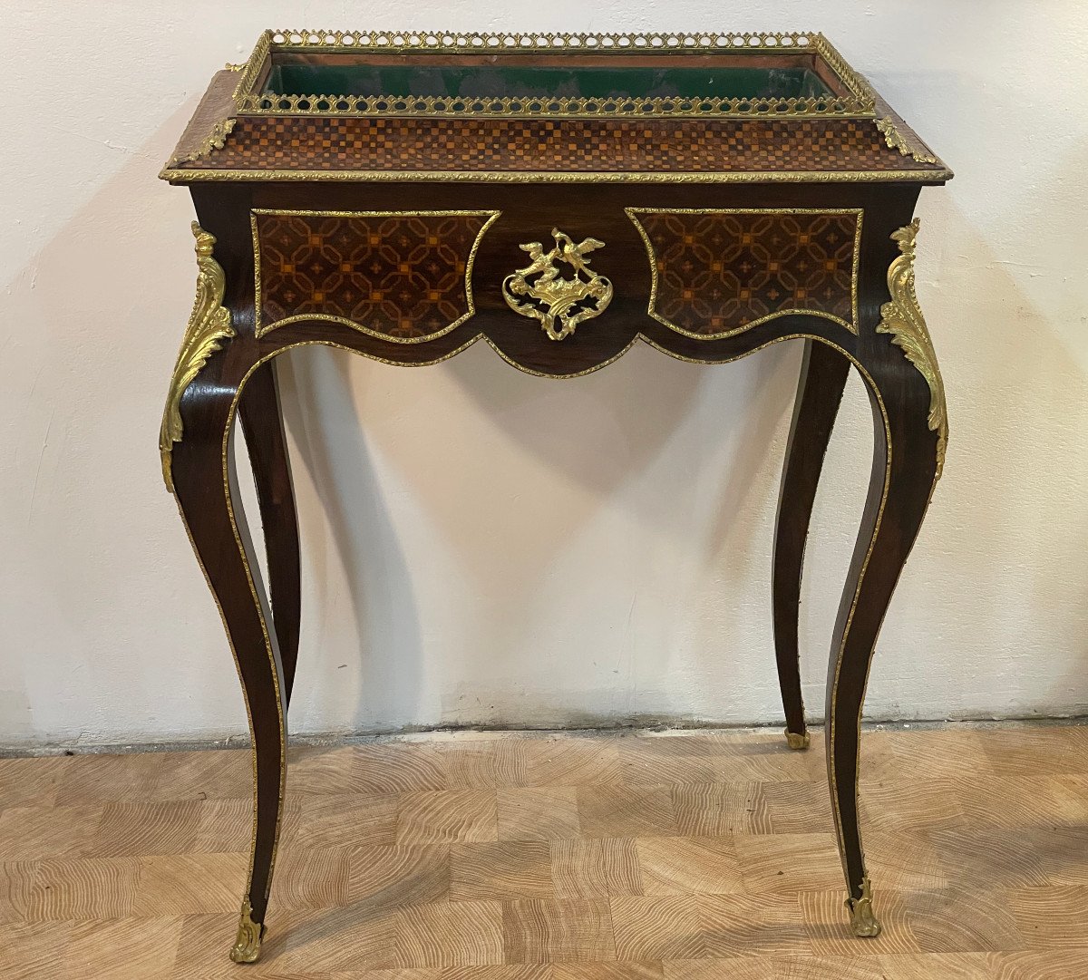 19th Century Living Room Planter In Cube Marquetry Decorated With Original Gilt Bronze - Complete-photo-1