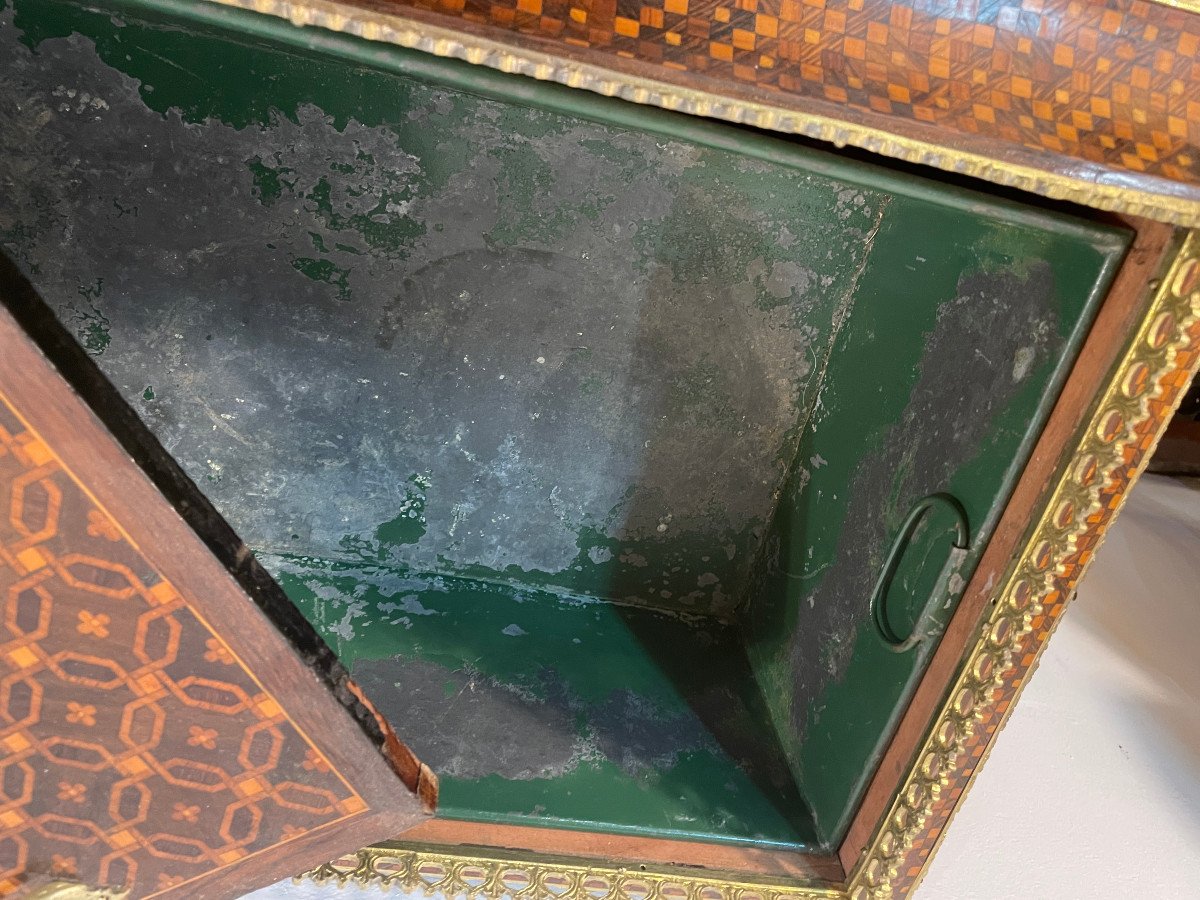 19th Century Living Room Planter In Cube Marquetry Decorated With Original Gilt Bronze - Complete-photo-5