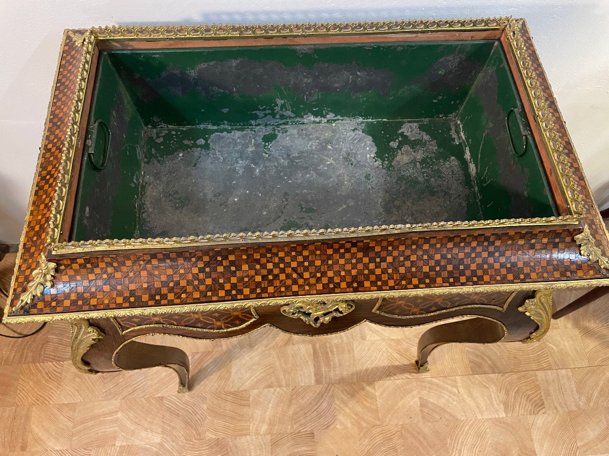 19th Century Living Room Planter In Cube Marquetry Decorated With Original Gilt Bronze - Complete-photo-7