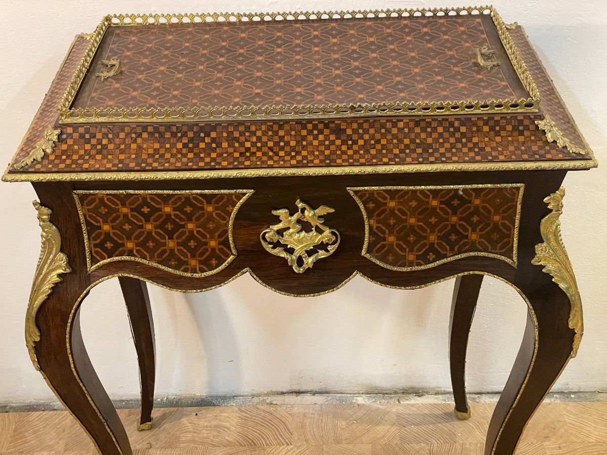 19th Century Living Room Planter In Cube Marquetry Decorated With Original Gilt Bronze - Complete