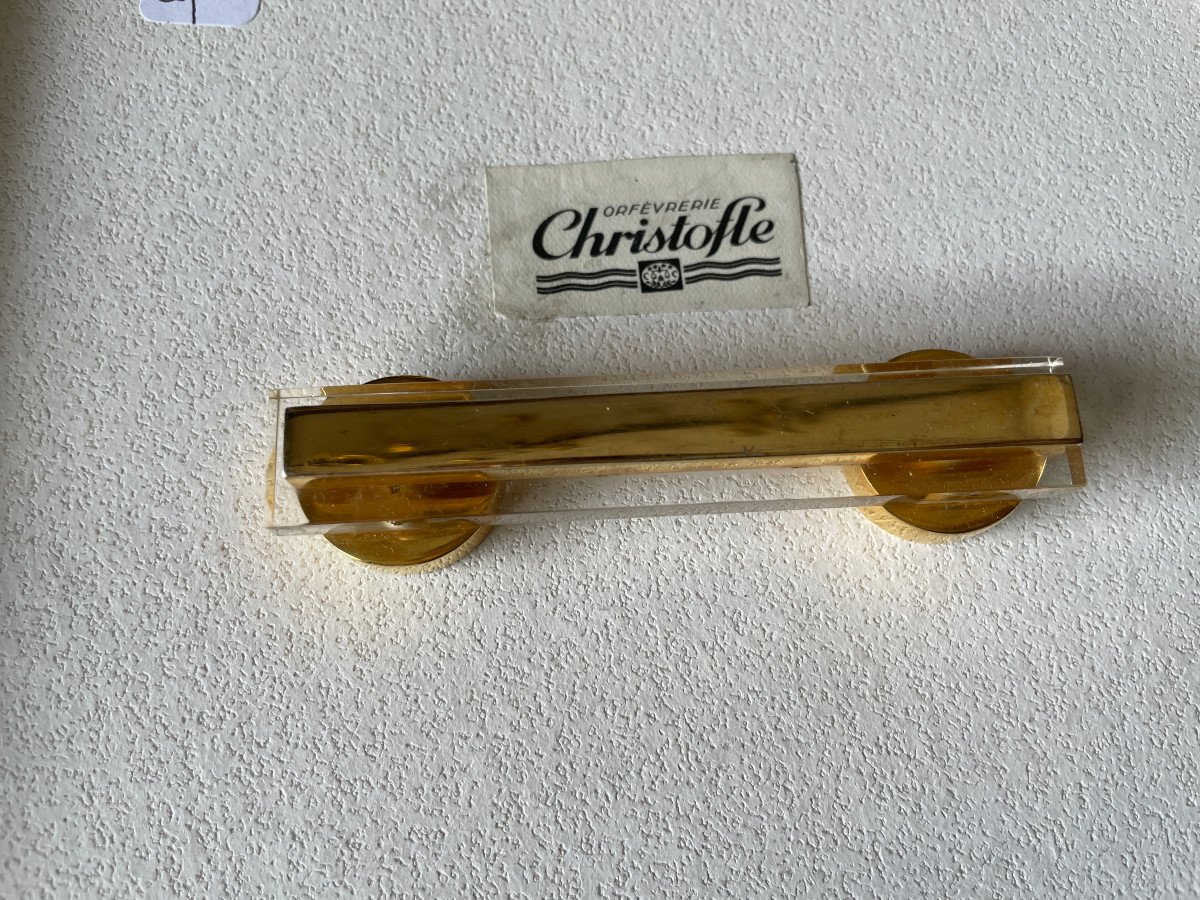 Christofle: 12 P/knives + 2 Bottle Coasters + 1 Trivet - Glass And Gold-plated Brass-photo-3