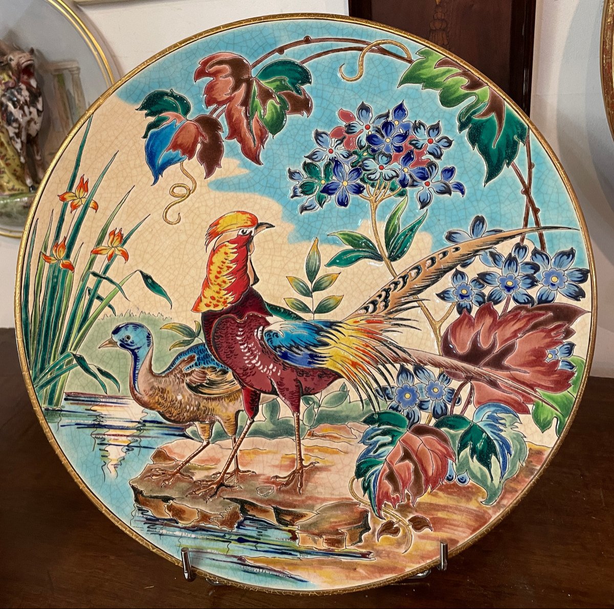 Longwy Enamels - Large Dish - D: 37.5cm - Special Item - "stream" Birds - Paul Mignon-photo-2