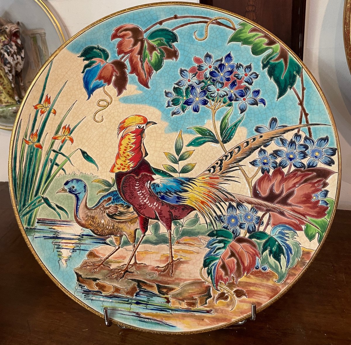 Longwy Enamels - Large Dish - D: 37.5cm - Special Item - "stream" Birds - Paul Mignon