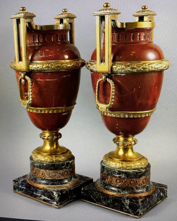 2 Vases Mabre Rouge  - Monture Bronze  doré-  H : 50cm  style LXVI-photo-3