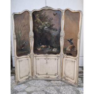 Painted Wood Screen - 3 Panels Dated 1876 - Signed-decor Painting On Canvas - Birds -flowers