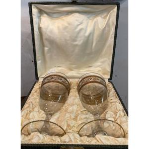 Baccarat: In Box 2 Crystal Glasses - Golden Acanthus Leaves Decor