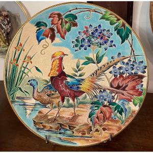 Longwy Enamels - Large Dish - D: 37.5cm - Special Item - "stream" Birds - Paul Mignon