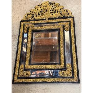 Beveled Mirror With Parecloses Wood - Embossed Brass - Very Gilded - Carved Flower Pediment - Nap. III