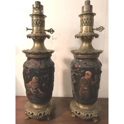 Large Pair Of Oil Lights XIX ° Bronze And Terracotta