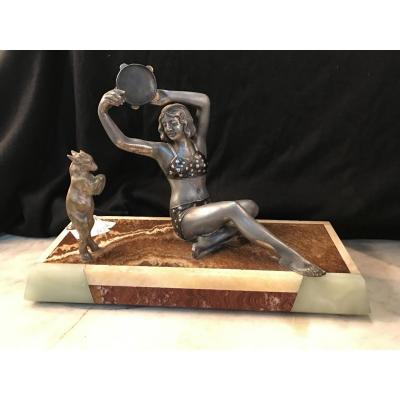 Danseuse En Régule Playing Tambourine, With Her Goat In Bronze-art Deco