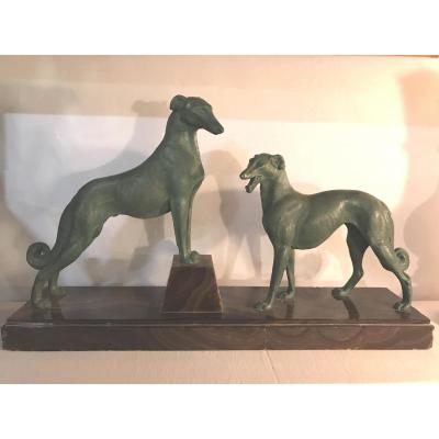 Art Deco: 2 Dogs Greyhound Borzoi Alloy Green Patina Base Onyx