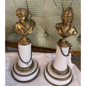 Pair Of Voltaire And Rousseau Busts In Bronze On Column - H 23cm