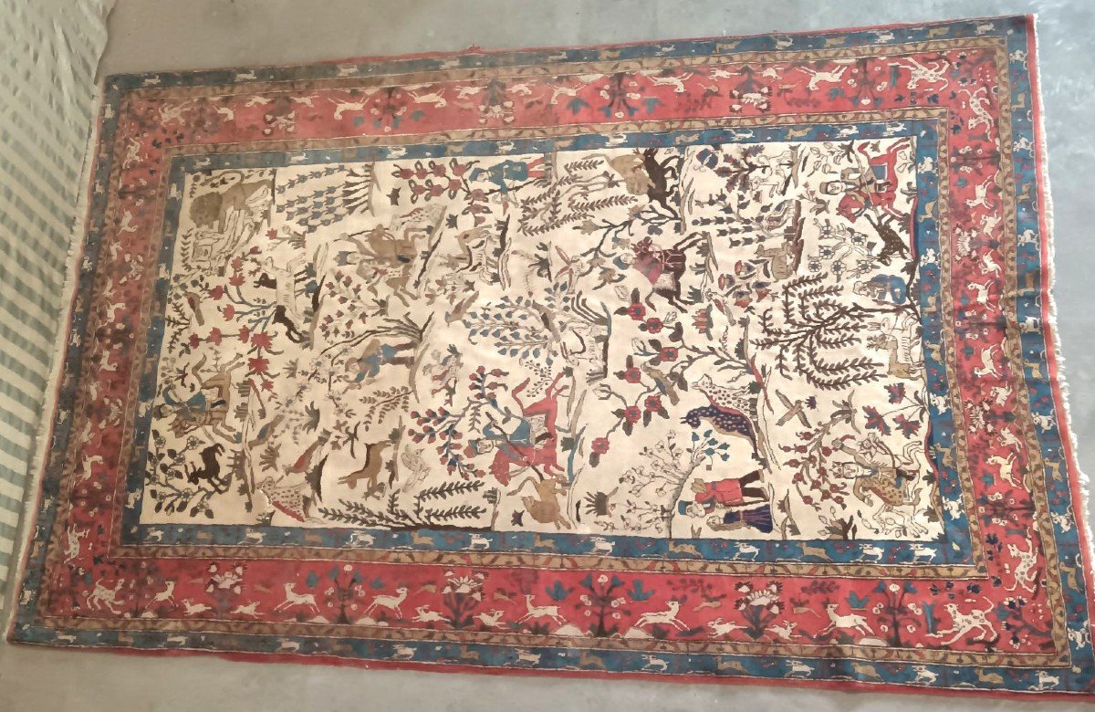 Hand Knotted Carpet With Hunting Patterns 19th Century 