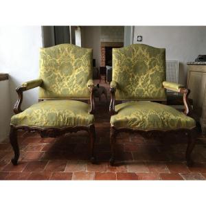 Pair Of Regency Walnut Armchairs, 18th Century 