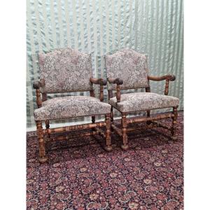 Pair Of Louis XIII Style Walnut Armchairs, 19th Century 