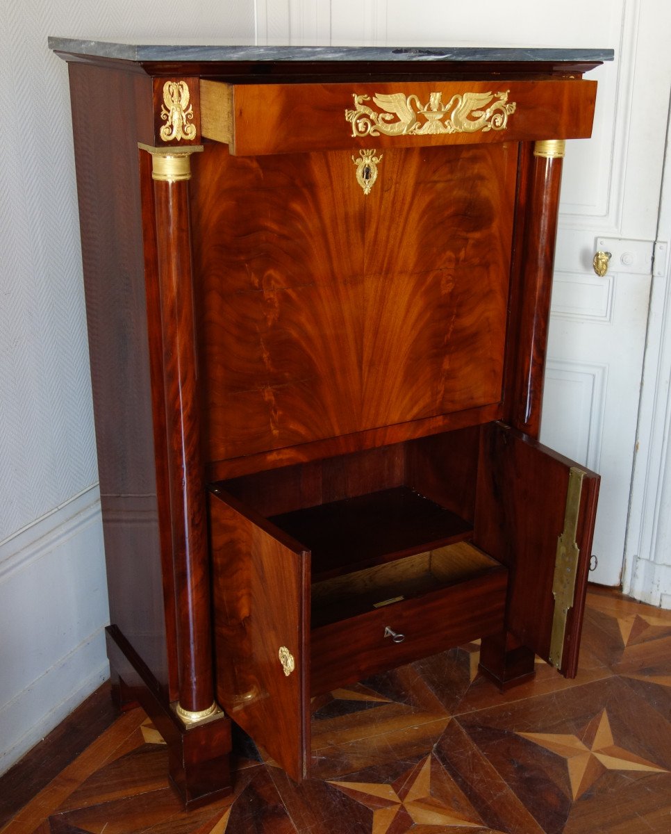 Secrétaire & Commode En Suite D’époque Empire, Acajou, Bronze Doré Mercure, Marbre Bleu Turquin-photo-7