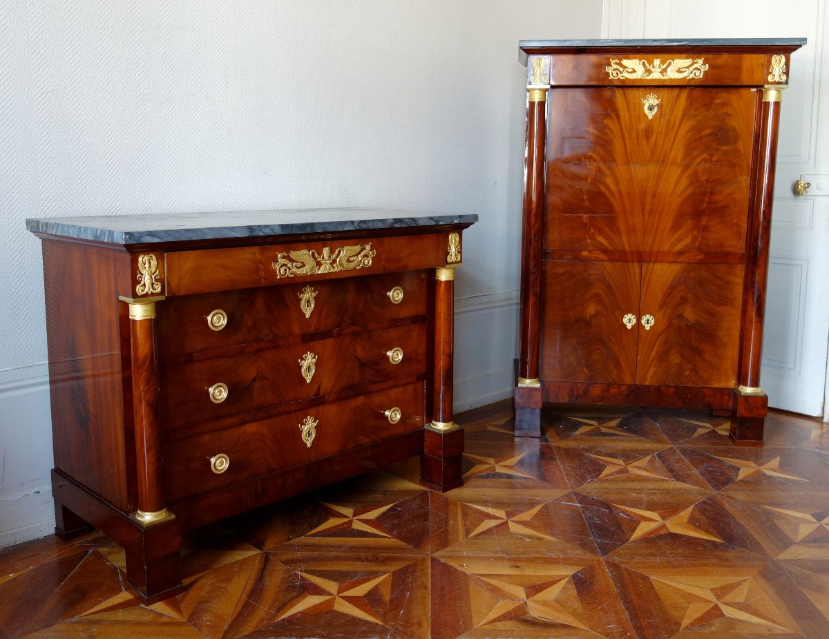 Secrétaire & Commode En Suite D’époque Empire, Acajou, Bronze Doré Mercure, Marbre Bleu Turquin