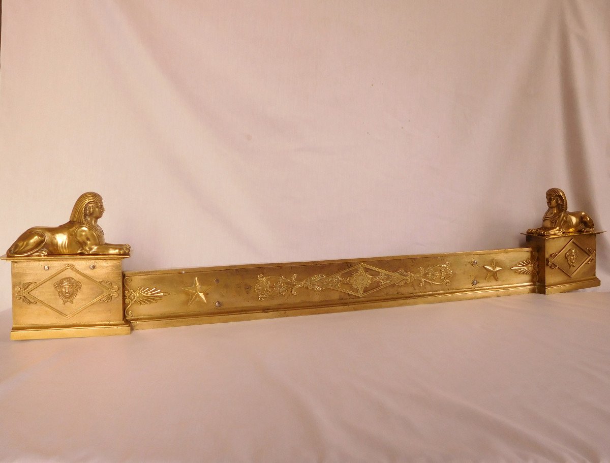 Fireplace Bar With Sphinxes, Empire Period In Gilt Bronze, Fontainebleau Model Variant