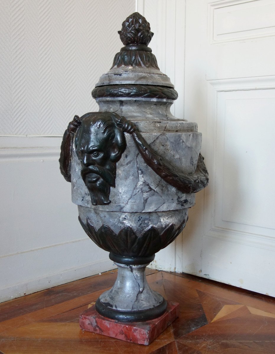 Grande Urne Couverte, vase d'ornement De Style Louis XVI - Fonte Patinée Façon Marbre - 79cm-photo-2