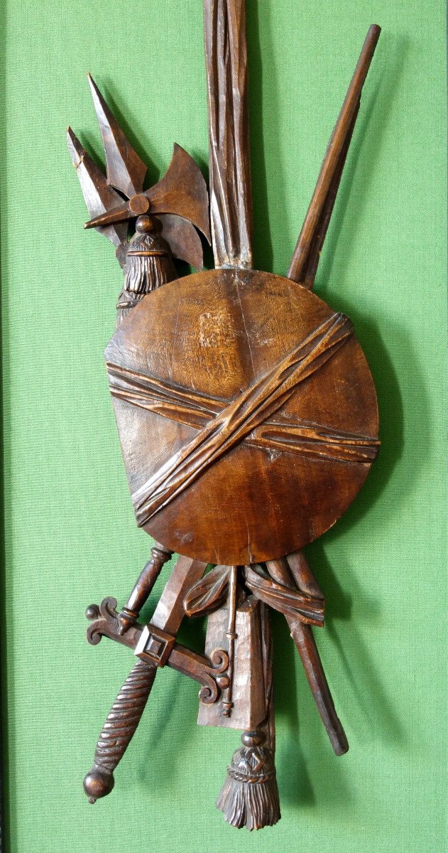 Suite De 4 Trophées En Bois Finement Sculptés, Trophées d'Armes Militaires, époque Louis XVI-photo-2