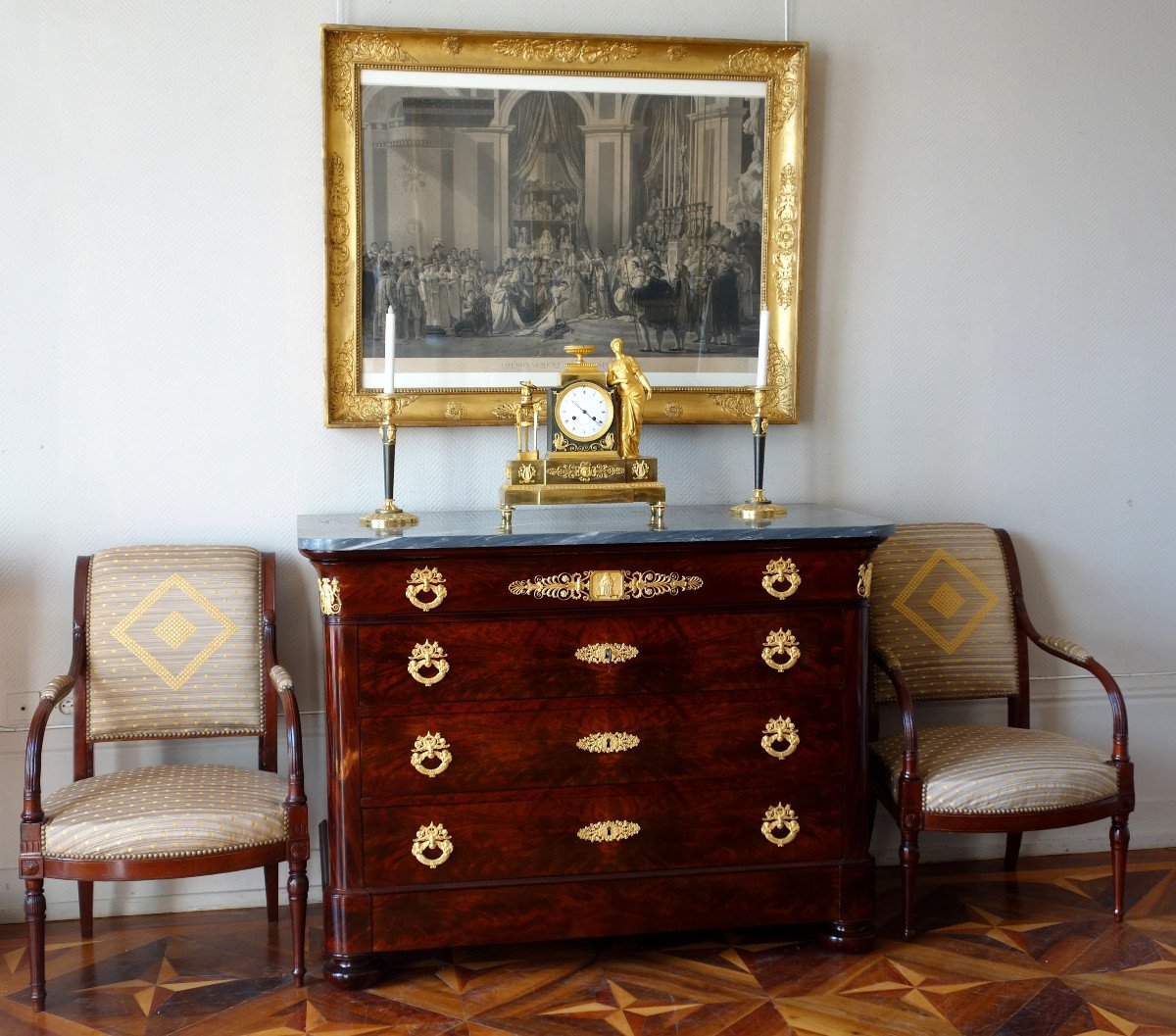 Commode d'époque Restauration En Acajou Flammé, Bronzes Doré Au Mercure & Marbre Bleu Turquin-photo-8