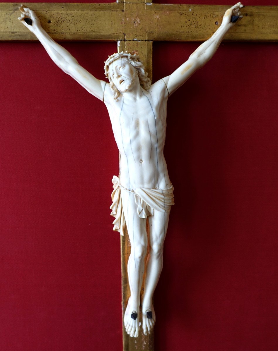 Large Christ In Ivory, Frame In Golden Wood, Louis XIV Regency Period - Early 18th Century-photo-2