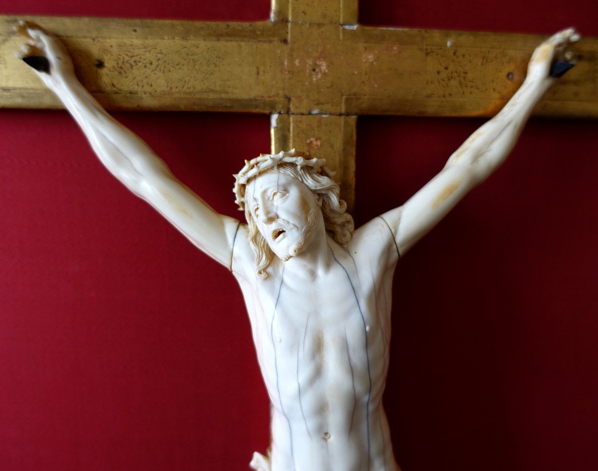 Large Christ In Ivory, Frame In Golden Wood, Louis XIV Regency Period - Early 18th Century-photo-3