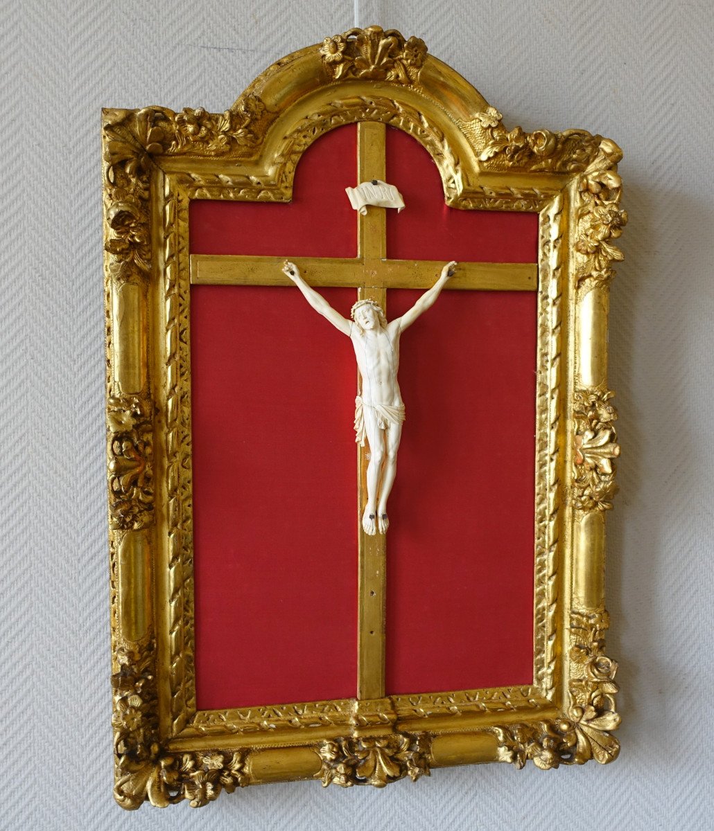 Grand Christ En Ivoire, Cadre En Bois Doré, époque Louis XIV Régence - Début XVIIIe Siècle-photo-6