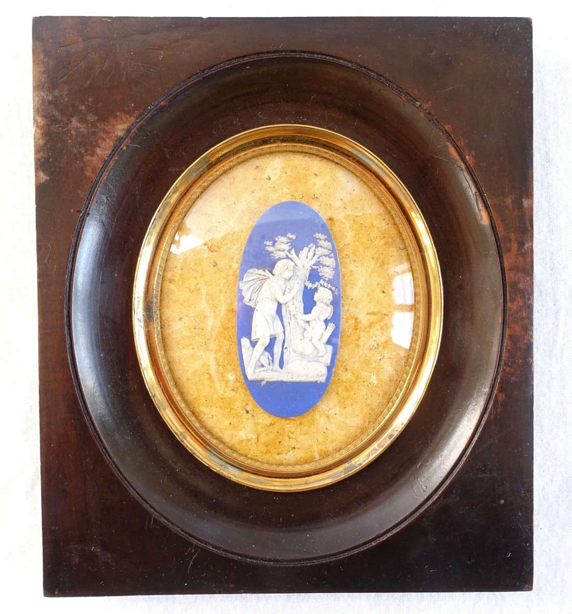 Miniature Mythological Scene Wedgwood Blue On Faux Yellow Marble Background - 19th Century-photo-2