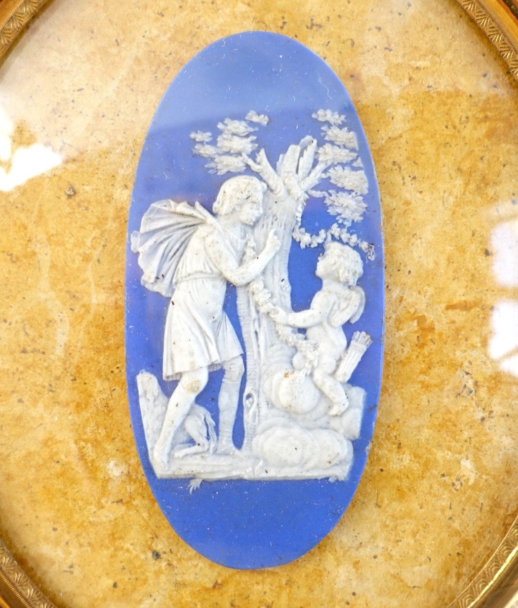 Miniature scène mythologique Wedgwood bleu Sur Fond Faux Marbre jaune - 19e Siècle-photo-3