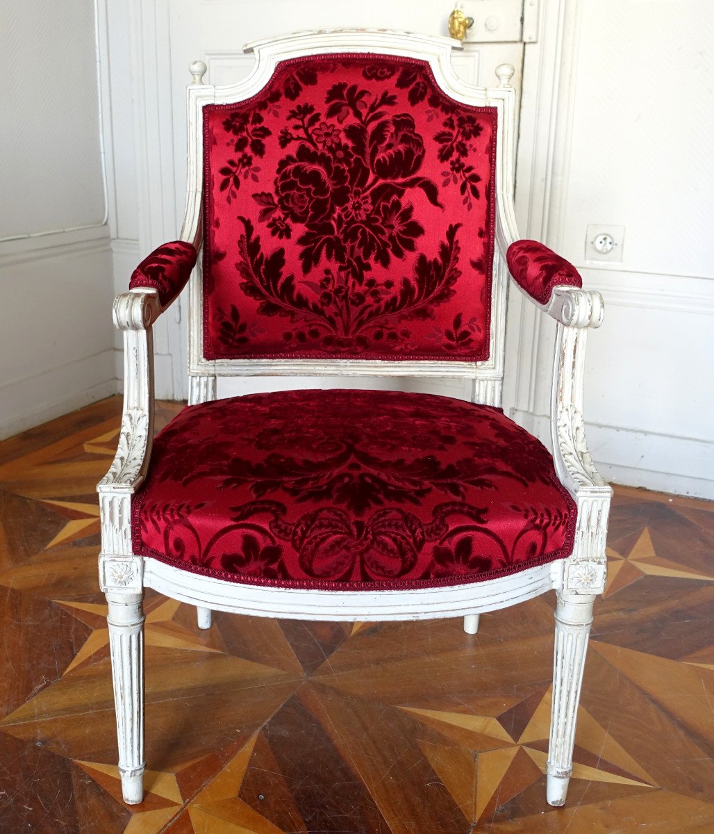 Louis XVI Period Office Armchair In Carved Wood And Genoa Velvet (old But New)-photo-2