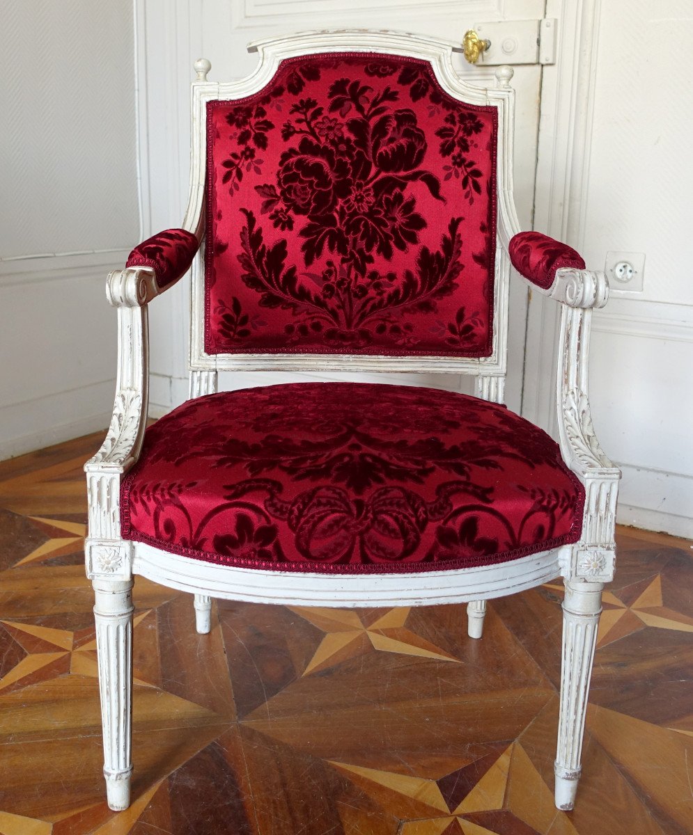 Louis XVI Period Office Armchair In Carved Wood And Genoa Velvet (old But New)-photo-3