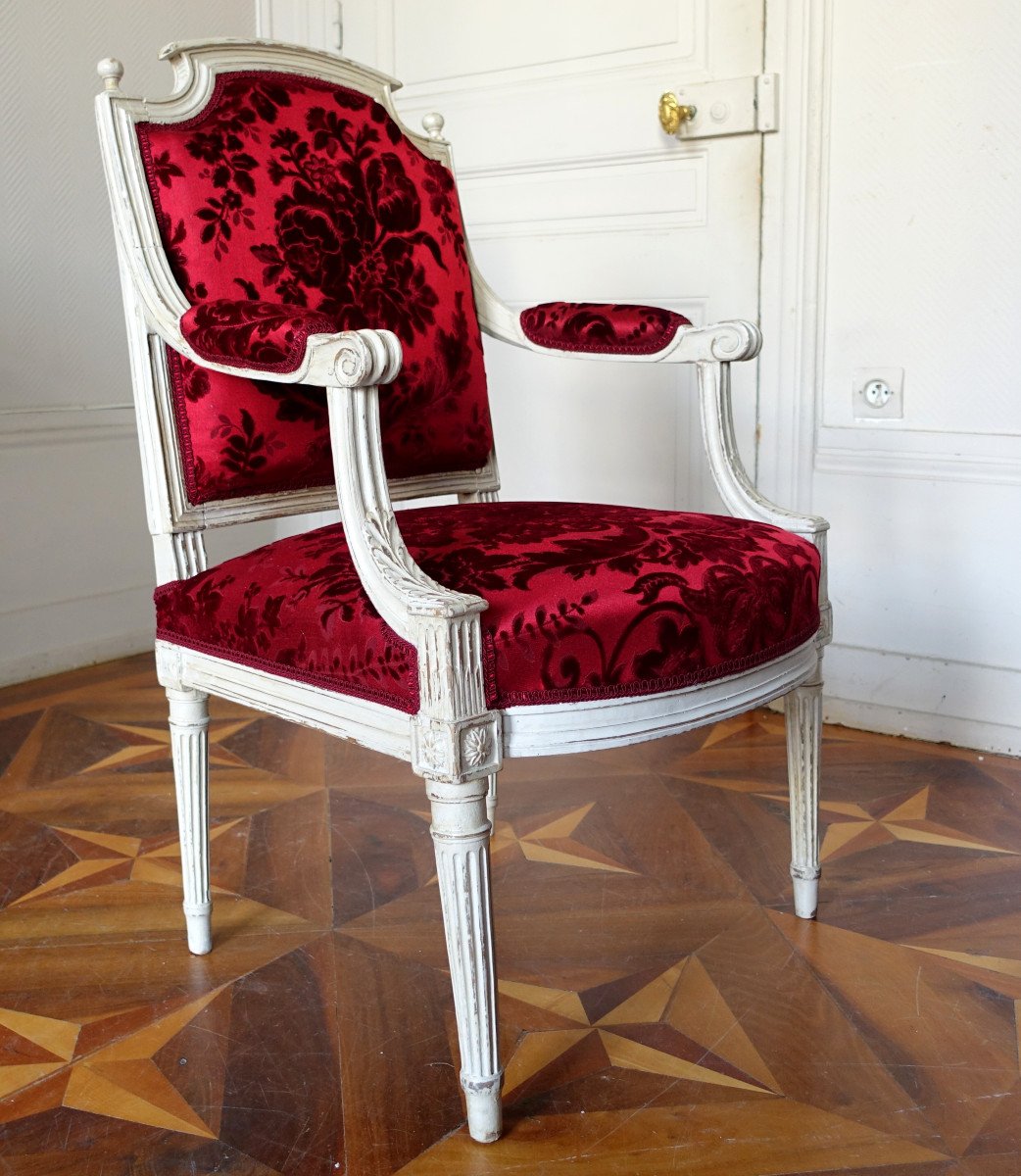 Louis XVI Period Office Armchair In Carved Wood And Genoa Velvet (old But New)-photo-4