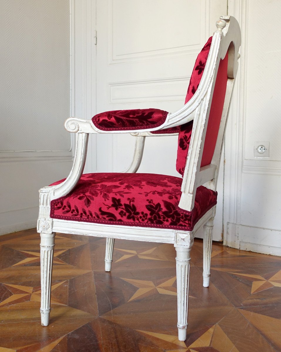 Louis XVI Period Office Armchair In Carved Wood And Genoa Velvet (old But New)-photo-3