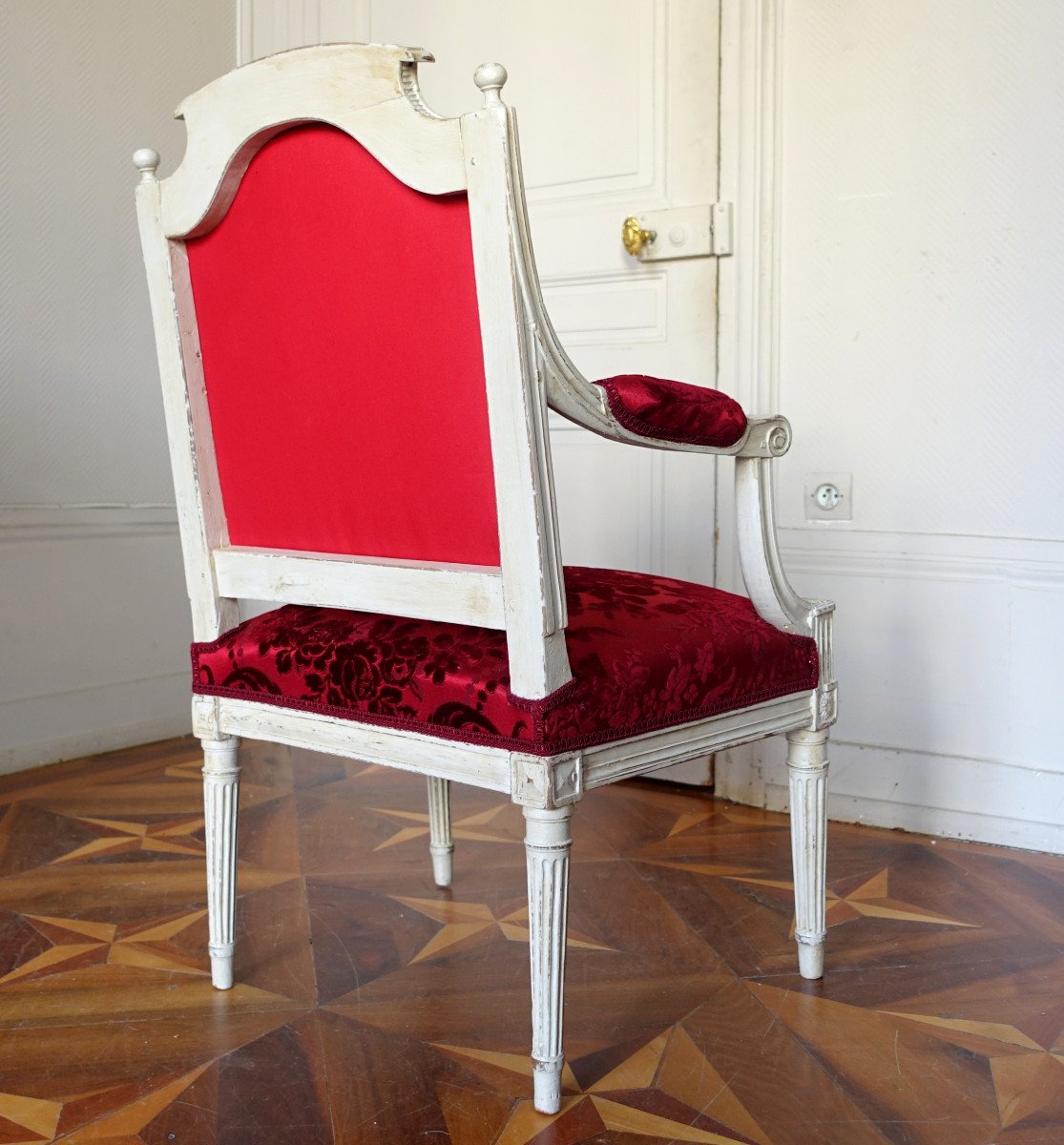 Louis XVI Period Office Armchair In Carved Wood And Genoa Velvet (old But New)-photo-4