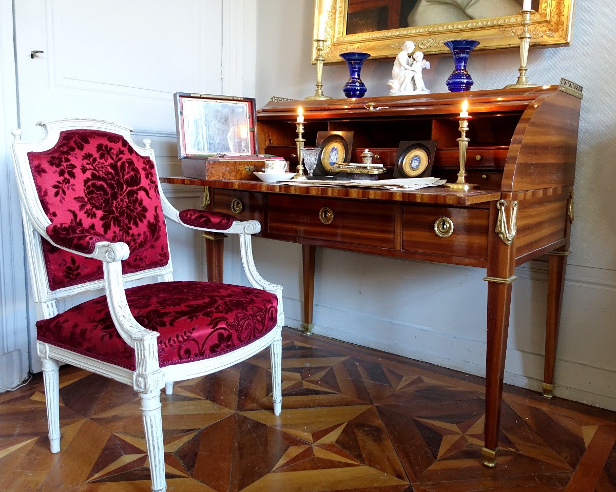 Louis XVI Period Office Armchair In Carved Wood And Genoa Velvet (old But New)-photo-7