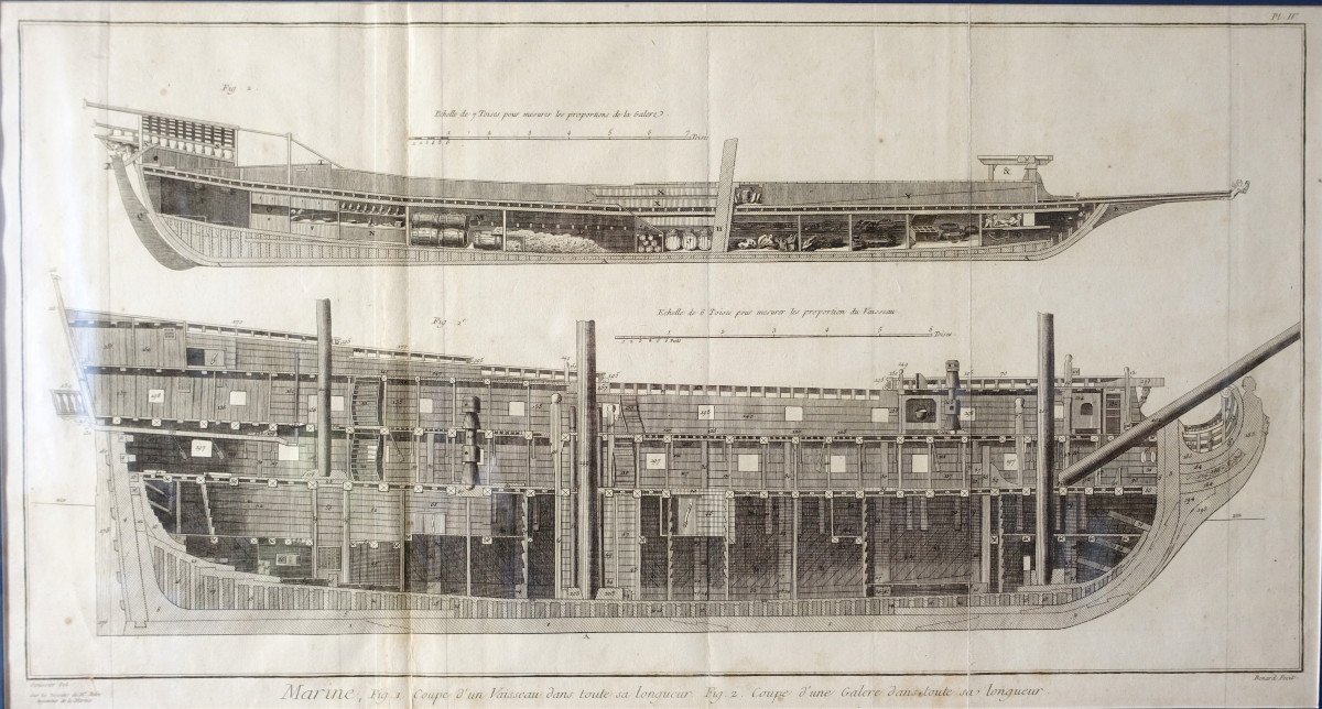 Engraving Cut Of Royal Navy Vessels - Plate From The 18th Century Encyclopedia - Golden Wood Frame-photo-4