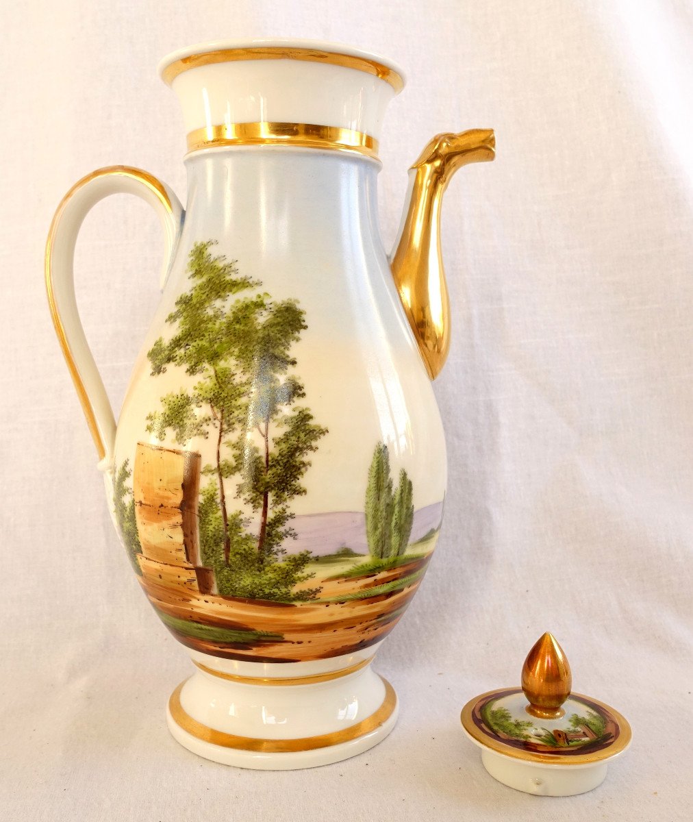 Large Paris Porcelain Jug Decorated With Rotating Landscape - Empire Restoration Period-photo-3