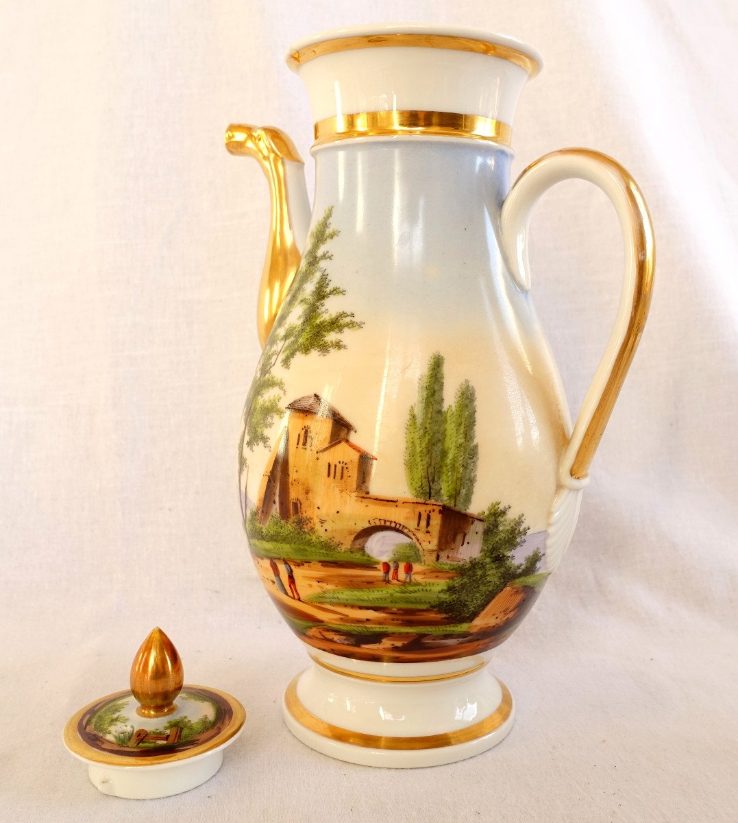 Large Paris Porcelain Jug Decorated With Rotating Landscape - Empire Restoration Period-photo-2