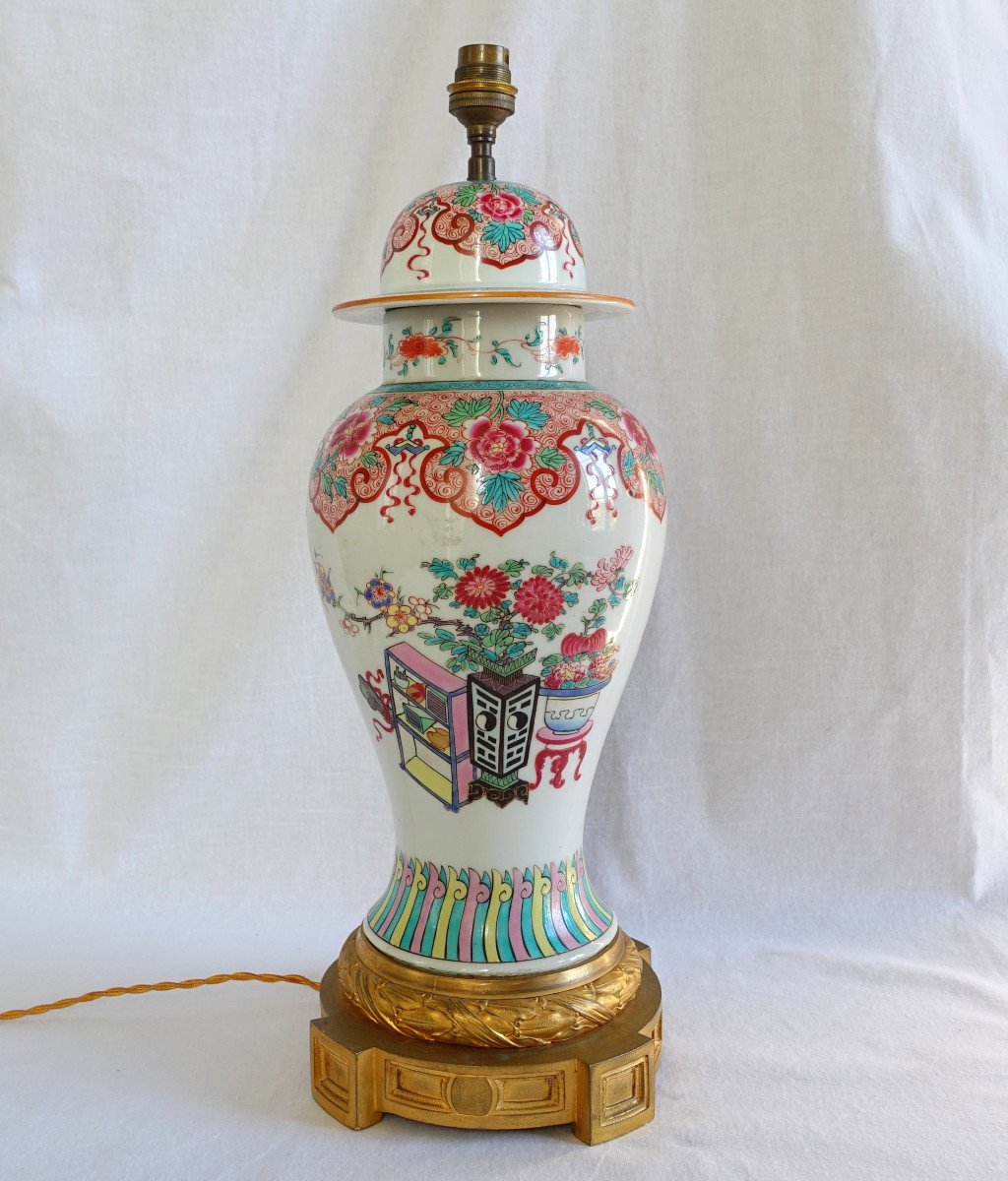 Potiche Lamp In Chinese Porcelain, Famille Rose And Gilt Bronze Napoleon III Period-photo-2