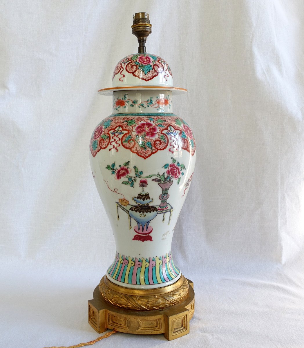 Potiche Lamp In Chinese Porcelain, Famille Rose And Gilt Bronze Napoleon III Period-photo-3