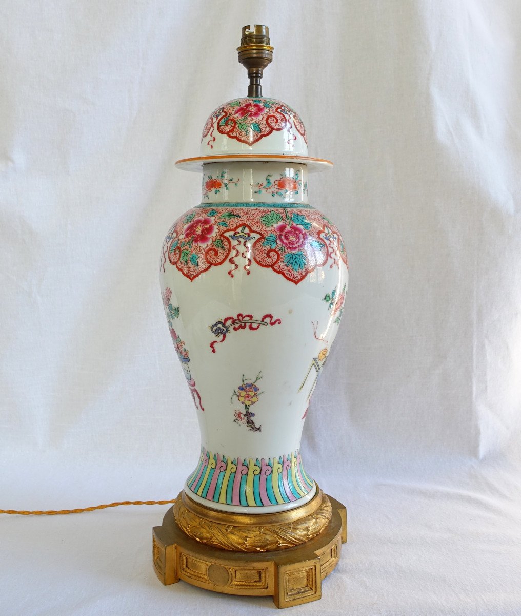 Potiche Lamp In Chinese Porcelain, Famille Rose And Gilt Bronze Napoleon III Period-photo-4